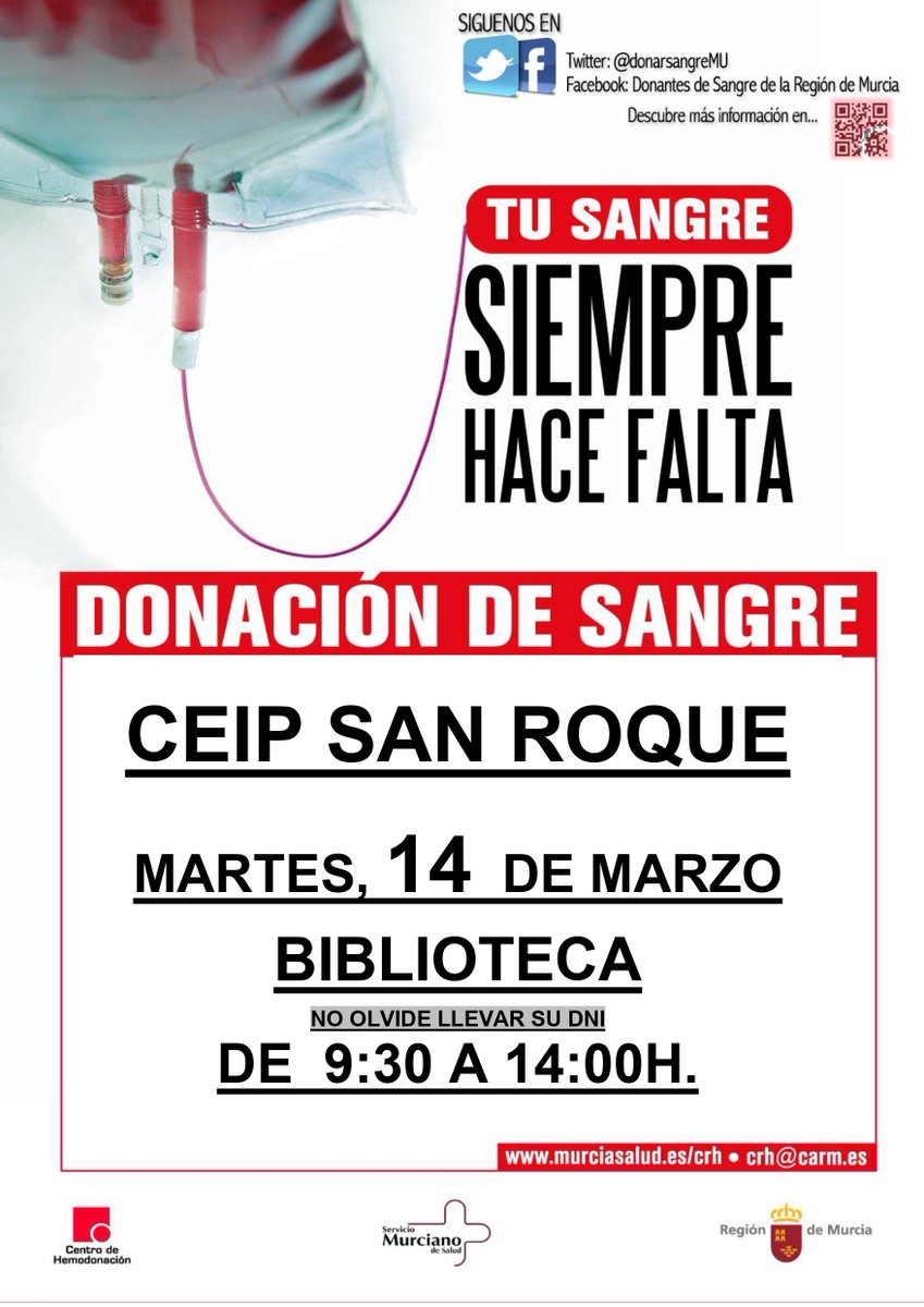 DonarSangreMU's tweet photo. #FelizLunesATodos , mañana martes 14 tienes una cita con la VIDA, cita con la SOLIDARIDAD, te esperamos para #DonarSangre en #CEIPSanRoque
y haz tu mejor 🎁... regala vidas💚!!!
👉Si tienes entre 18-65 años, peso=>50kg, no tienes anemia y estás bien de salud, no lo dudes🤔 https://t.co/4oQVSmJ54k