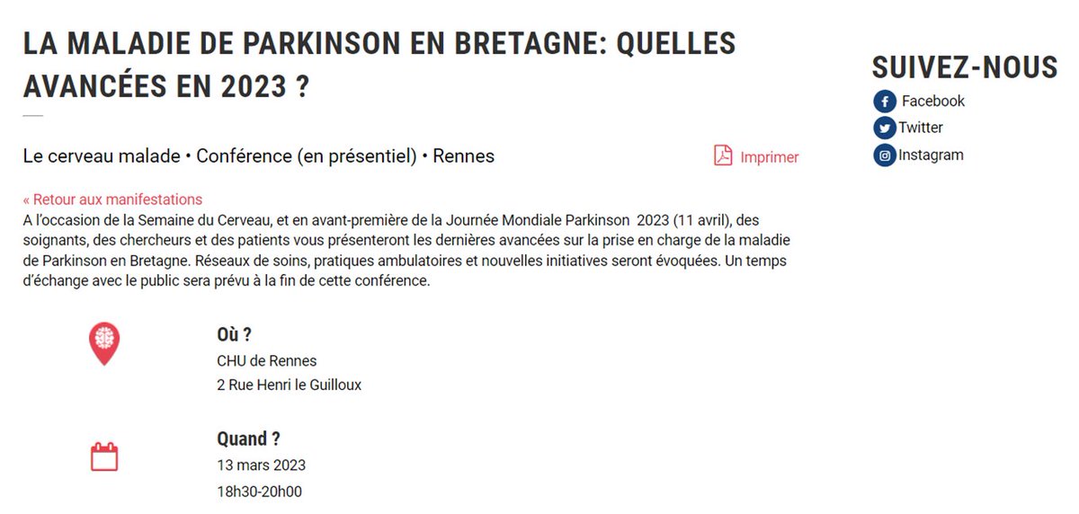 Au programme ce soir: RDV à l'amphi CCP du <a href="/CHURennes/">CHU de Rennes</a> pour une conférence en lien avec <a href="/FranceParkinson/">France_Parkinson</a> intitulée "La maladie de #Parkinson en #Bretagne : quelles avancées en 2023 ?" avec Prof. Marc Vérin, Dr <a href="/Manon_Auffret/">Manon Auffret</a> et les IRENE Marie-Elisabeth Carlier &amp; Vanessa Jego
