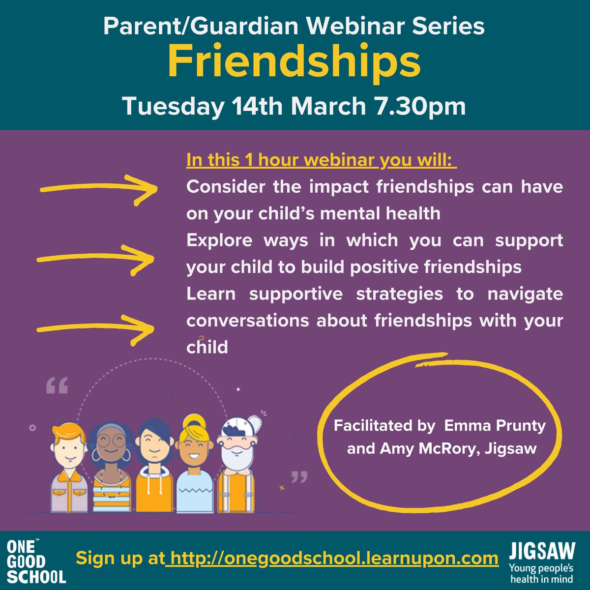 ✨For our TCS Parents. As we are part of the One Good School initiative with Jigsaw, use your parent login to access the webinar on Friendships taking place on Tuesday March 14th at 7.30pm. <a href="/JigsawYMH/">JigsawYMH</a>