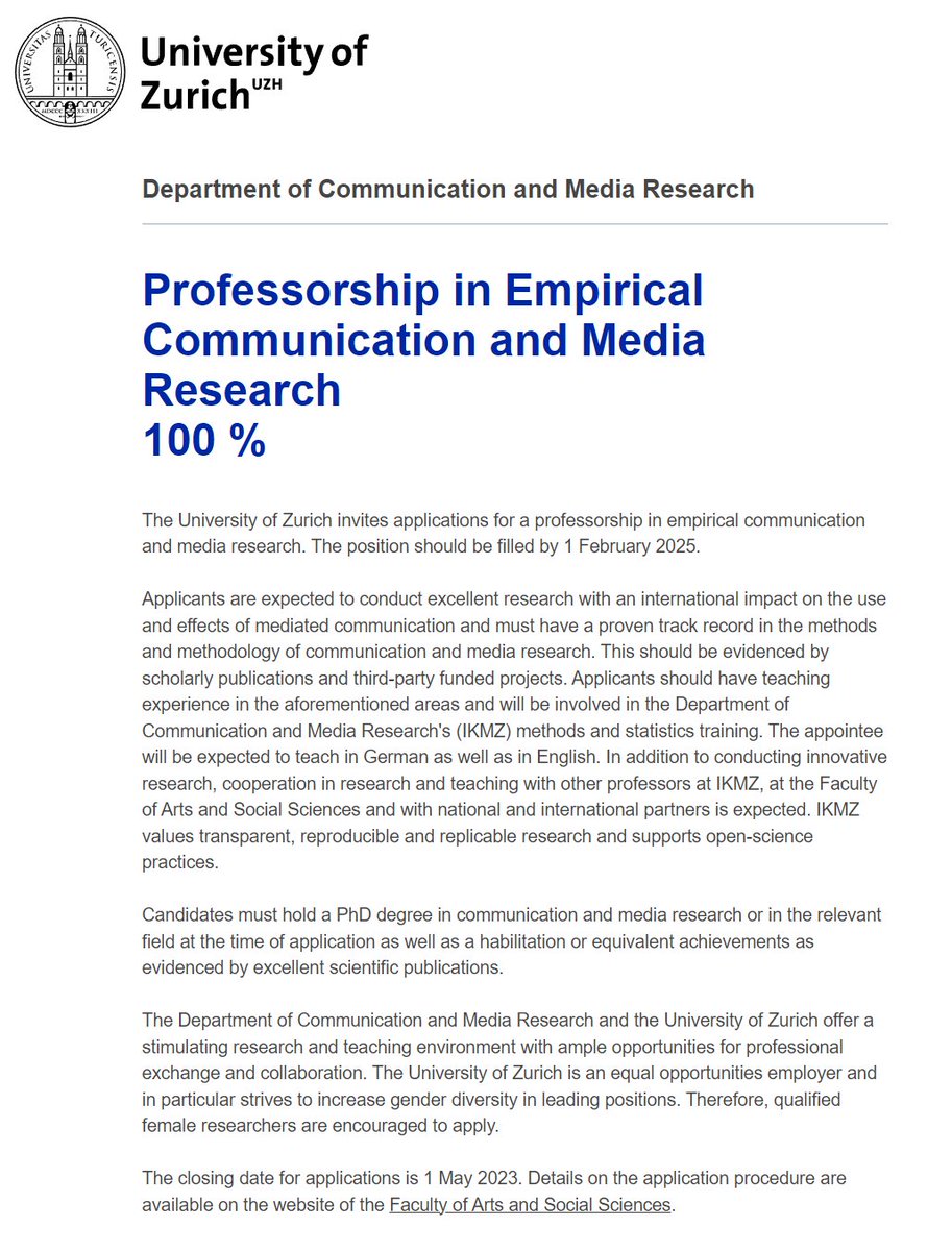 Call for applications: We’re looking for a Professor of Empirical Communication and Media Research!
Come join the <a href="/UZH_en/">University of Zurich</a> to study the use and effects of mediated #communication 🔍
🗓️ Application deadline: 1 May ‘23
▶️ Latest start date: 1 Feb ‘25
💡Info: jobs.uzh.ch/offene-stellen…