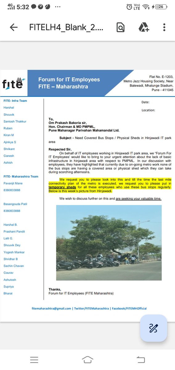 FITEMaharashtra's tweet photo. FITE letter to @PMPMLPune &amp; @ombakoria sir for covered bus stop shelters . 
Its acknowledged by bakoria sir &amp; we hope to see action soon.

On behalf of IT employees in Hinjawadi , we would like to thank you for or +response🙏.
@FiteIndia @srthakur14 @Harsh1947 @DeyShouvik 🤝🤝 https://t.co/w6ZL2jEb3c