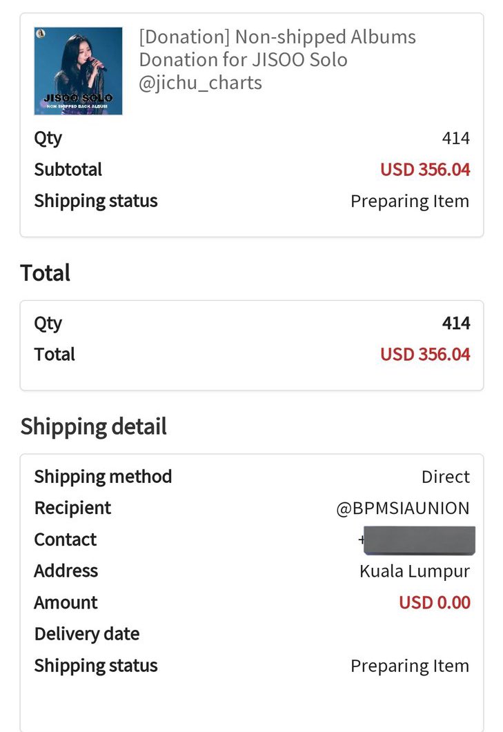 BPMSIAUNION's tweet photo. BLACKPINK MALAYSIA UNION has donated RM1622.75 for @jichu_charts’s non shipped back albums for Jisoo Solo. 

Thank you for trusting us 💖 https://t.co/pnVArBDDrn