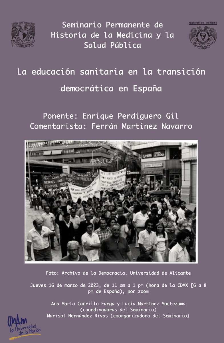 CAMIES2020's tweet photo. Seminario Permanente de
Historia de la Medicina y la
Salud Pública
La educación sanitaria en la transición
democrática en España
Ponente: Enrique Perdiguero Gil
Comentarista: Ferrán Martínez Navarro https://t.co/vdJjk5y2yO