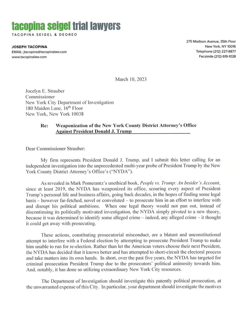 Liz Harrington on Twitter "Letter by Joe Tacopina, Counsel to
