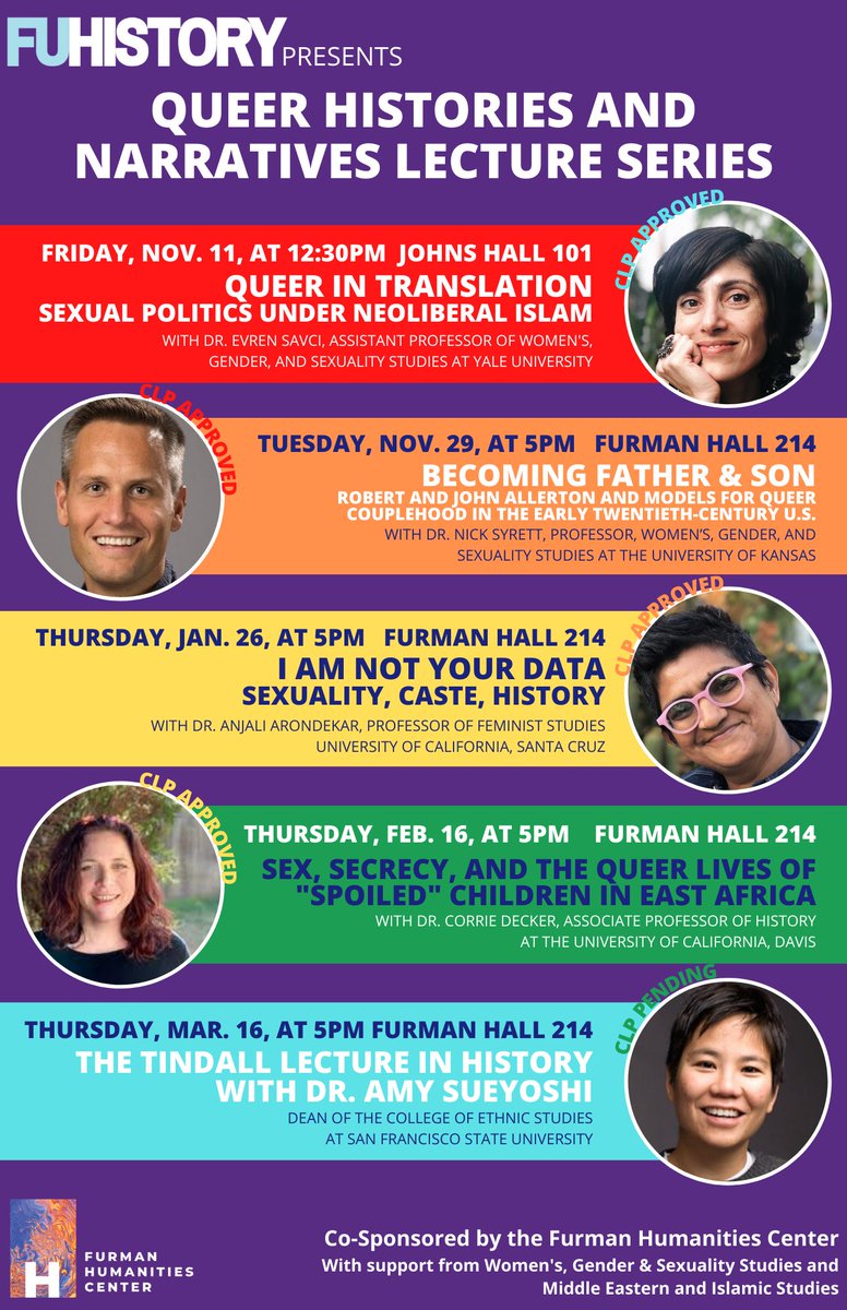 Last up in the "Queer Histories and Narratives Lecture Series" is Dr. Amy Sueyoshi! Join us March 16 at 5pm!

#furmanhumanities #furmanuniversity #globalhumanities #funews #humanities #queerhistories #lectureseries #ethnicstudies #History