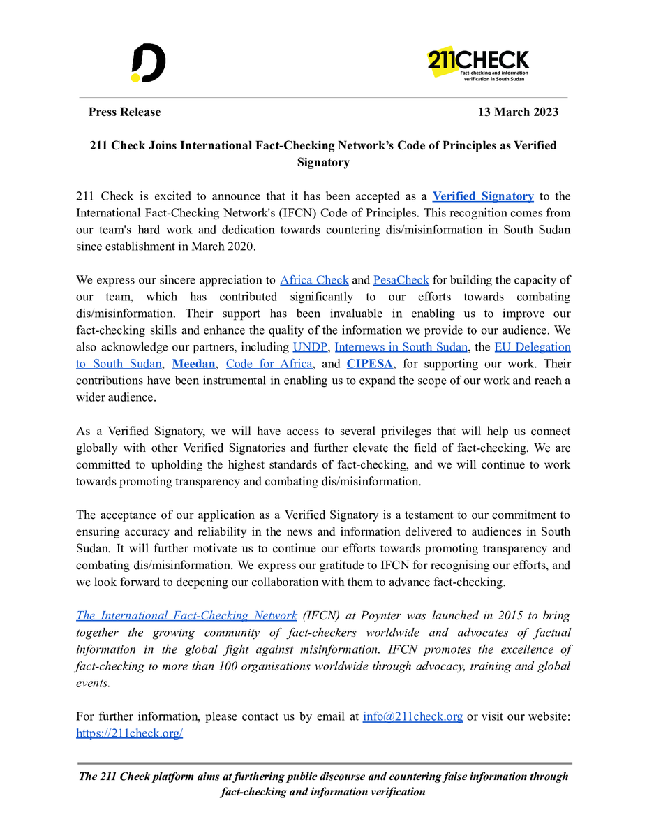 211Check's tweet photo. 📢 Exciting news! 211 Check has been accepted as a Verified Signatory to the @factchecknet 's Code of Principles. Our dedication towards countering dis/misinformation in South Sudan is truly inspiring. Congrats to the team! #factchecking #IFCN #SouthSudan #SSOT #FactsMatter https://t.co/nfyY6qAGE7