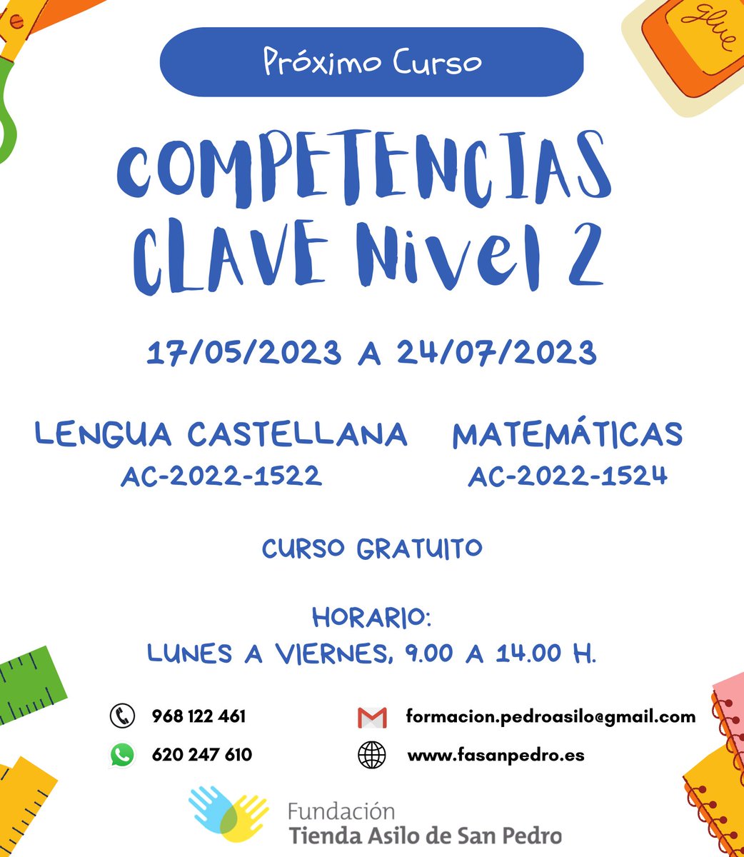 FundacionTASP's tweet photo. ¡Nuevo Curso Competencia Clave de Nivel 2!
Si no tienes la ESO y deseas realizar Certificados de Profesionalidad del SEF que exijan este nivel académico, ahora tienes la posibilidad de acreditarte logrando Competencias Clave de manera totalmente gratuita. https://t.co/darbBR6iGJ