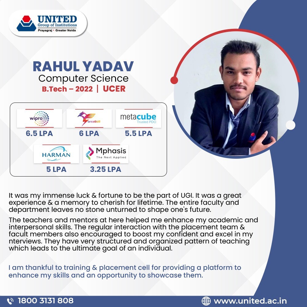 theugiindia's tweet photo. Our #dedication is to deliver #qualityeducation to create talented minds. Our hardworking #student of #BTech from #UCER campus, Rahul Yadav is another name in the list. He got #jobopportunities namely #Metacube, #Mphasis, #Wipro, #Harman, etc.
Visit #ugi: https://t.co/iQ2HrXnPGm https://t.co/9IMeegA73I