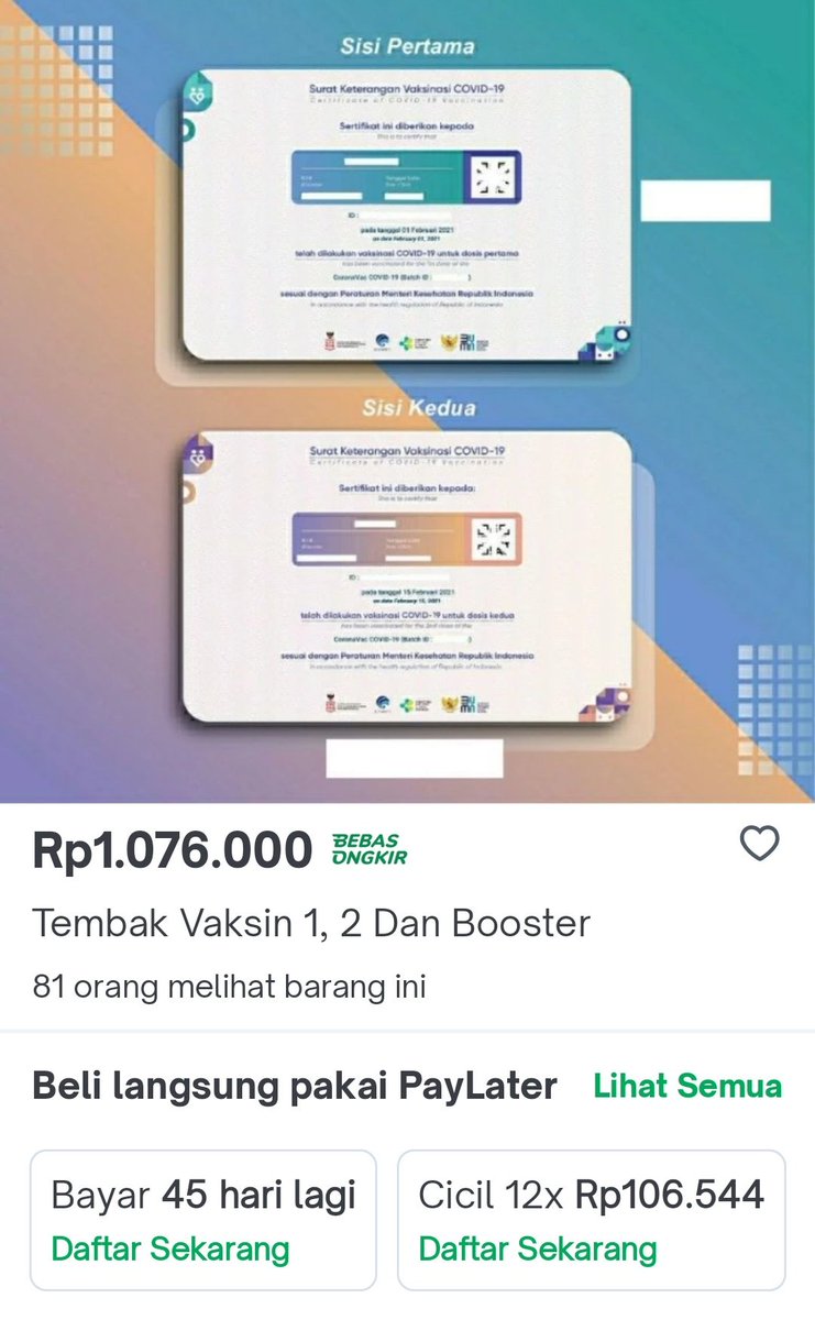 Kok Sertifikat Vaksin bisa ditembak? Dijual online pula. Gimana <a href="/kemkominfo/">IsNotSepuh</a> <a href="/KemenkesRI/">Kementerian Kesehatan RI</a> , cc <a href="/tokopedia/">Tokopedia</a> <a href="/ShopeeID/">Shopee Indonesia</a> ?