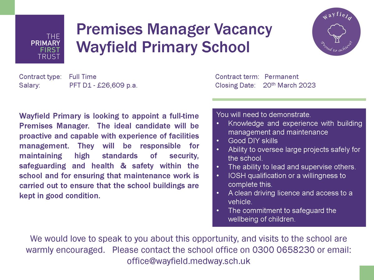 theprimaryfirsttrust.co.uk/vacancies/
#premises #jobsearch  <a href="/WayfieldPrimary/">Wayfield Primary School</a>