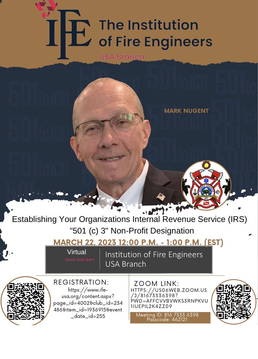 chiefnugent's tweet photo. @hcfirerescue @chiefnugent is humbled to be a presenter for the March 22 IFE~USA Branch "Lunch and Learn" 12 - 1pm EST. Join me for a discussion on developing a Non-Profit Group for your ESO @IFEUSABranch @dr_hanifen @FireChiefT @chiefjtanner @ChiefRubin @ChiefNorket @chief7100 https://t.co/dL6Fcbchdu