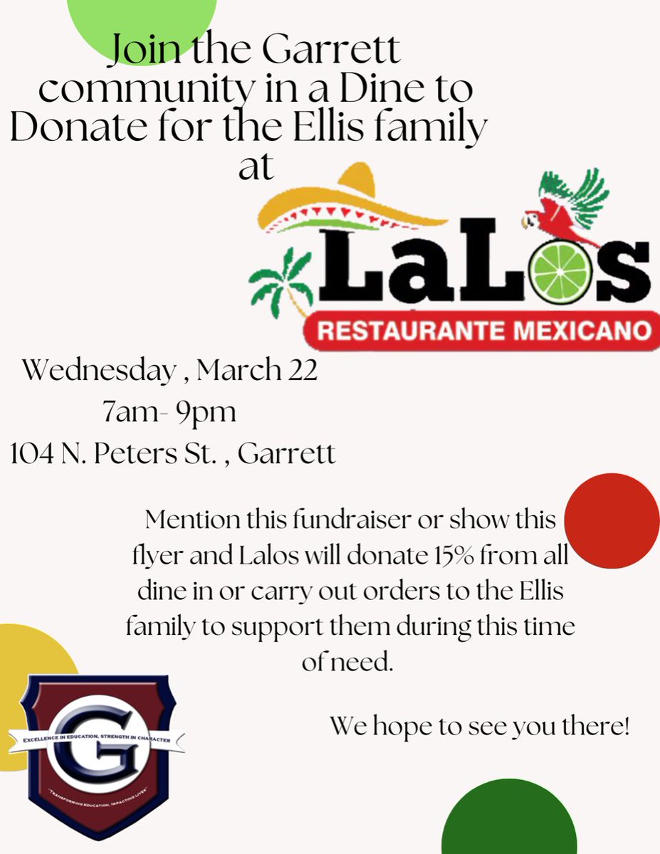 GKBDistrict's tweet photo. Come on out and help support the Ellis family! Show them this flyer or mention this fundraiser, and 15% of the proceeds will be donated. 

#GKBLEADERS https://t.co/pim7PtkMpb