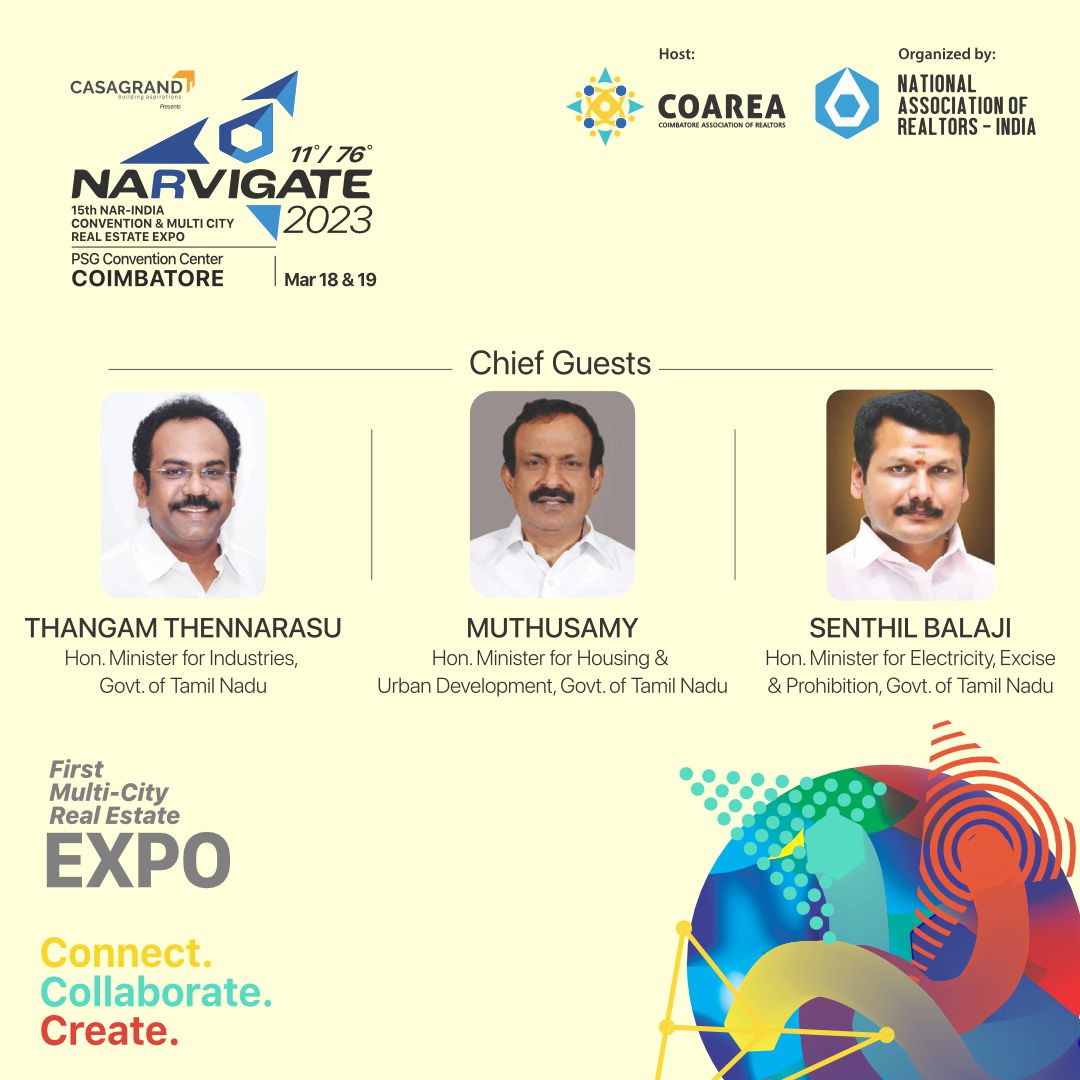 Team COAREA and <a href="/NARINDIAtweets/">National Association of Realtors-India</a> takes great privilege in welcoming the Honourable Ministers of Tamil Nadu to precede the biggest real estate summit #narvigate2023 

Inviting all realtors to Coimbatore this year.

Register to attend: narindiaconvention.com <a href="/V_Senthilbalaji/">V.Senthilbalaji - தமிழ்நாட்டை தலைகுனிய விடமாட்டேன்</a>