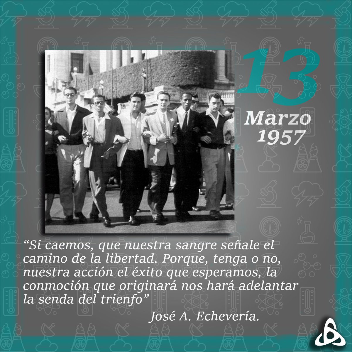 13 de marzo de 1957 en la historia de Cuba 
Asalto al Palacio Presidencial y la toma de Radio Reloj. La Revolución llora el asesinato del joven líder José Antonio Echevería.
#radioreloj #asalto #revolución #clandestinidad #libertad
#somosInSTEC #OrgulloUH <a href="/CruzFundora/">Abel Fundora Cruz</a>