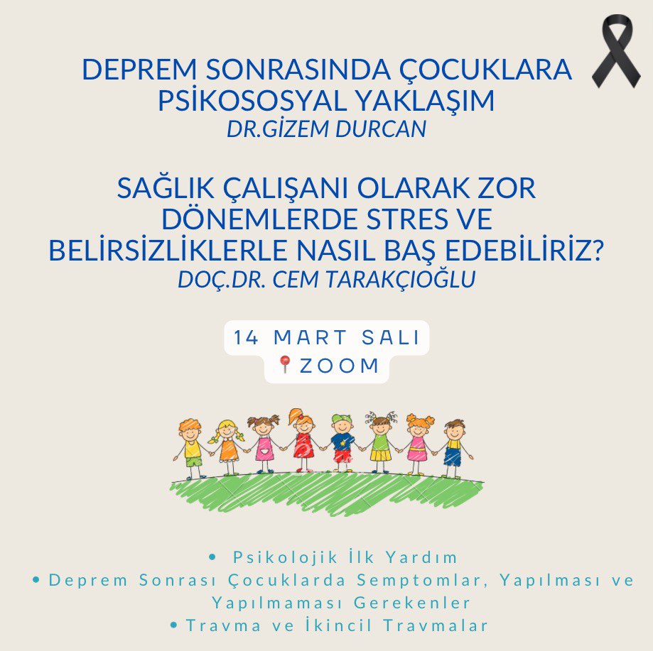 ctfpsikulubu's tweet photo. Hepimizde derin yaralar açan, deprem felaketlerinin ardından orta-uzun vadede psikososyal desteğin ve sağlayıcılara düşen sorumluluğunun öneminin farkındayız.Deprem sonrası çocuklara psikososyal yaklaşımı konuşmak üzere 14 Mart Tıp Bayramı Saat 20.00da Zoomda buluşuyoruz. https://t.co/qnizqS60Wl