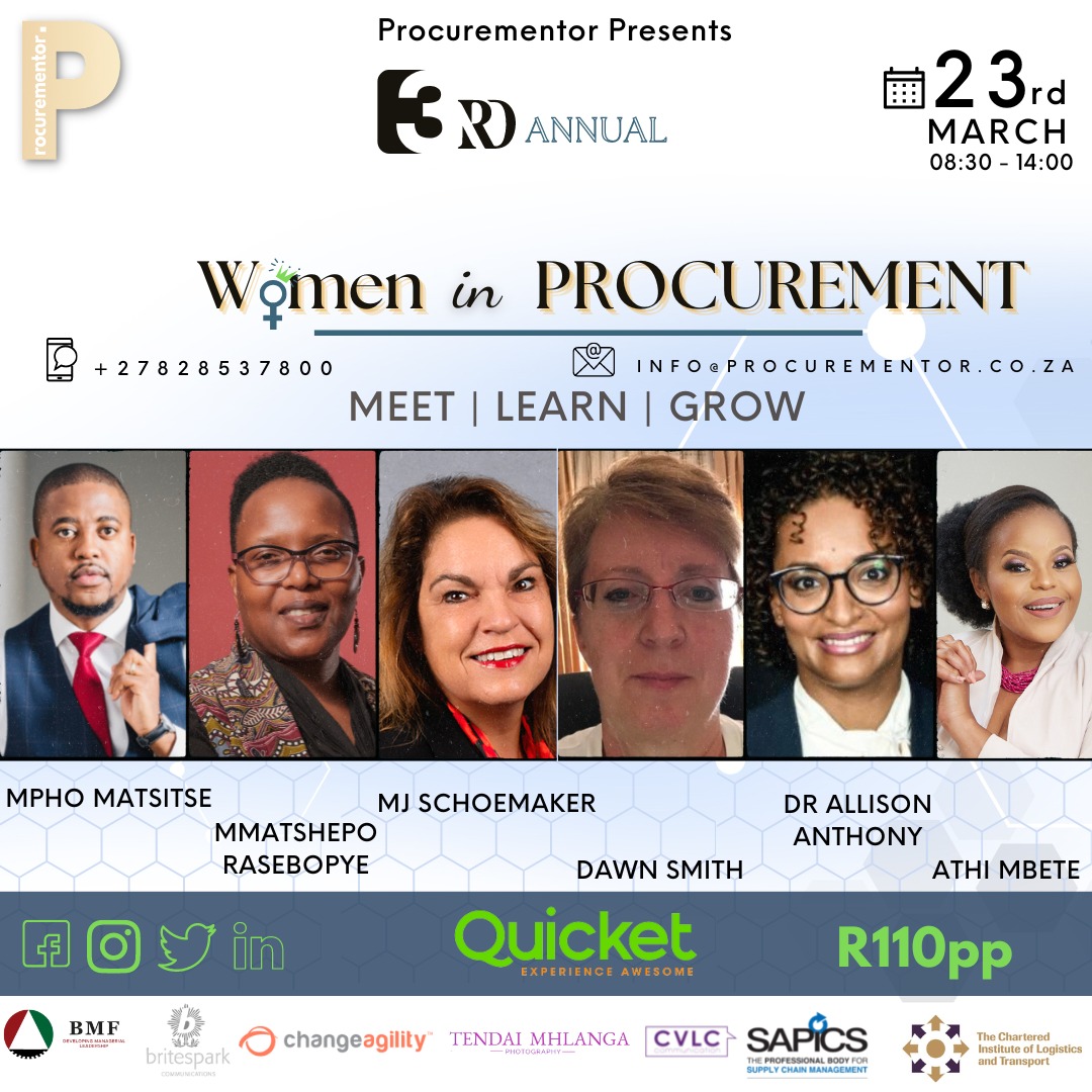 SAPICS01's tweet image. SAPICS Partner | 3rd Annual Women in Procurement Summit | @ProcureMentorZA 

WIP AIMS TO:
➡️ Introduce a targeted mentorship and coaching programme for procurement professionals.
➡️ Increase awareness of opportunities for women's empowerment and funding.