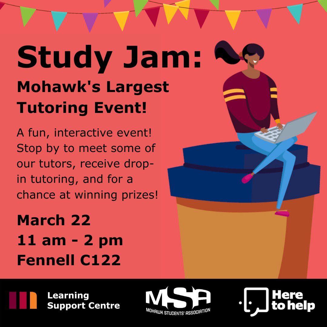 Join us for Study Jam: Mohawk's Largest Tutoring Event! A fun, interactive event, including tutoring and prizes! Get ready for your final exams by attending Study Jam!! Wednesday, March 22, 11am-2pm,  Fennell C122. See you there!

#MOLSC #MohawkCollege #mohawkstudents