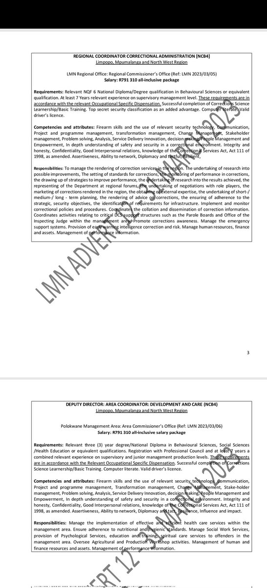 RMakukuli's tweet photo. Department of Correctional Services

📍Limpopo, Mpumalanga and North West Region

📌SECRETARY [ 2 POSTS]
📌CLERK: LOGISTICS
📌CLERK: HR ADMINISTRATION
📌CLERK: TERMINATION
📌ARTISAN PRODUCTION GRADE A: PLUMBER [3 POSTS]
📌ADMINISTRATION OFFICER: LOGISTICS https://t.co/VT1v2GOG9i