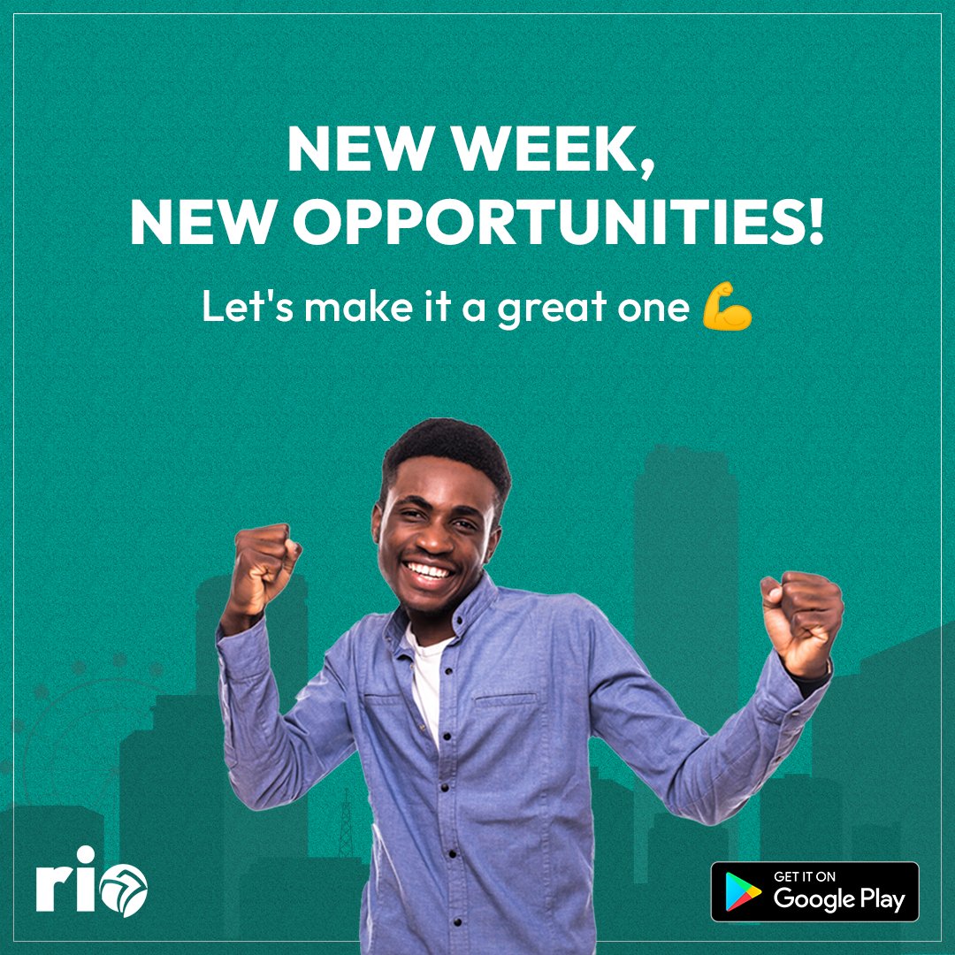 getrioapp's tweet photo. New week, New Opportunities! Let's make the week a great one.💪

#happynewweek #monday #newweek #finance #rio #fintech #Riofinance https://t.co/CbkmL1Cmjx
