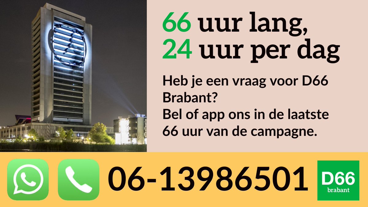 Voor al je vragen zijn we tot woensdag 21.00 uur, het moment dat de stembussen sluiten, bereikbaar. 
#StemD66 #BrabantInBalans