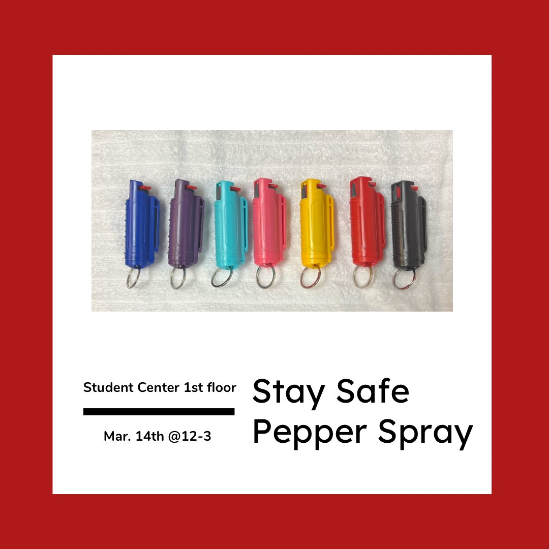 In anticipation of spring break we’re having a ‘Stay Safe’ week!!! To start it off, Tuesday, in the SC at 12:00 we’ll be handing out pepper spray!! 🙂 #funliveshere #staysafe #ucabears