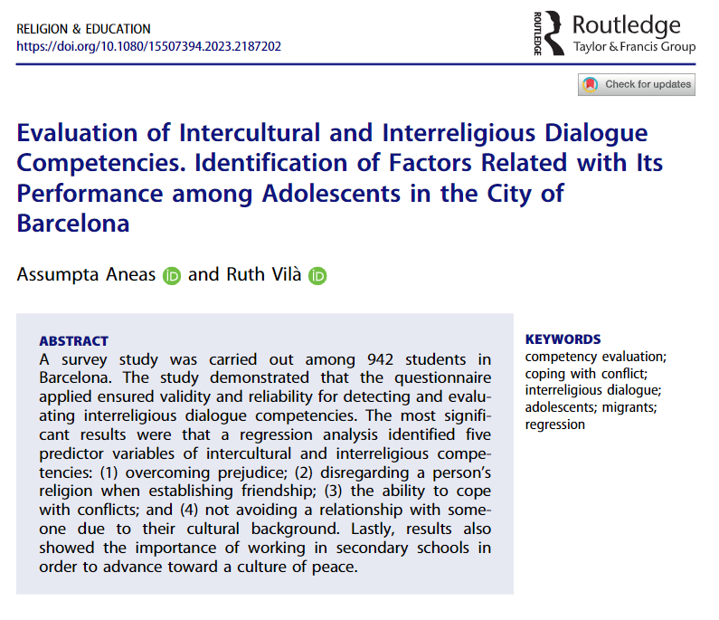 diiub's tweet photo. 📖Nou article de les nostres companyes @RuthVil2 i @AssumptaAneas sobre les competències per al diàleg intercultural i interreligiós a adolescents de la ciutat de Barcelona, a la revista Religion &amp; Education
👇
https://t.co/jR9F0igICv https://t.co/mHDtfAx2DJ