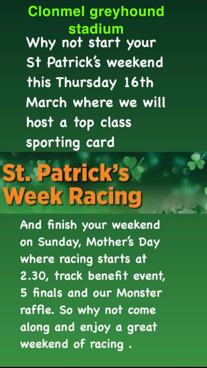 It’s All happening at clonmel greyhound stadium this coming weekend, on Thursday 16 th March and Sunday 18th of March. Come  along and you are guaranteed excellent food and top class  racing with restaurant, bar, bookies and Tote and great music on Sunday🎵🎼