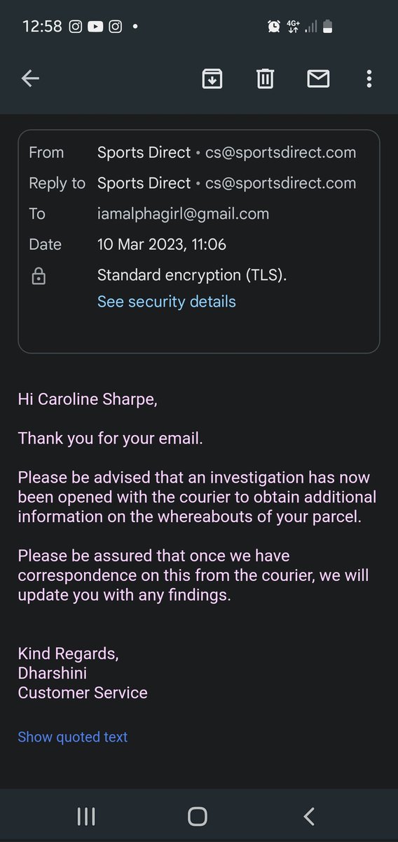 BombCaroline's tweet photo. @SportsDirectUK this is just not good enough. I placed an order on 24/02, delivery was promised on 26/02, delivery never came and now all you have to offer is the same email three times, and a flat refusal to refund me so that I may buy the items in store. #sportsdirectfail https://t.co/zGwN4GIYD0