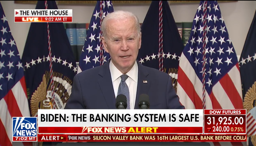 Eddies_X's tweet photo. Biden: All customers of  #SignatureBank &amp; #SiliconValleyBank will get their deposits back. "Rest assured the banking system is safe, No cost will be borne by taxpayers" Huh? https://t.co/guxQgx2aFk