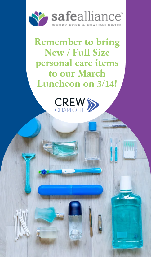 CREW_Clt's tweet image. Remember to RSVP for the luncheon and bring your donations for Safe Alliance.  We are looking for: shampoo/conditioner, deodorant, toothpaste, mouthwash, disposable razors, shaving gel, and hand sanitizer/wipes. 

#SafeAllianceCLT #CREWCLT #advocacy #awareness #mecklenburgcounty