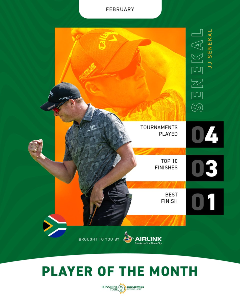 As voted by you, JJ Senekal is the Sunshine Tour’s February player of the month brought to you by <a href="/Fly_Airlink/">Airlink</a> 👏🥇

#POTM | #GreatnessBeginsHere | #SunshineTour