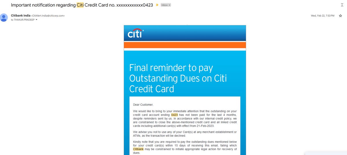 thakurpradeep's tweet photo. @Citibank @CitibankIN Not really sure what to make of the customer service where I have mentioned time and again that the Credit Card in question doesn't belong to me. They have been sending me these mails time and again for the last yr + which has impacted my CIBIL Score now!! https://t.co/RoIM7ioAPb