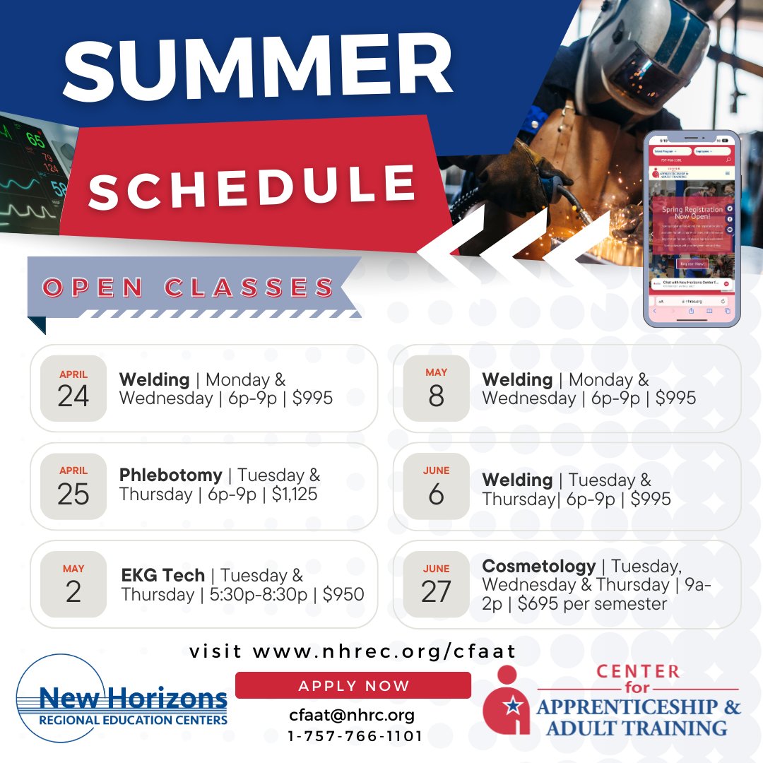 NHREC_CFAAT's tweet photo. Summer Registration is NOW OPEN!
Claim your seat TODAY!
Register here: https://t.co/WcaBCqhKm3
If you have any questions please email cfaat@nhrec.org or call us at 757-766-1101.
#CFAAT #BoldlyGoing #FutureForward #WeAreNewHorizons https://t.co/PmOv5Dyguj