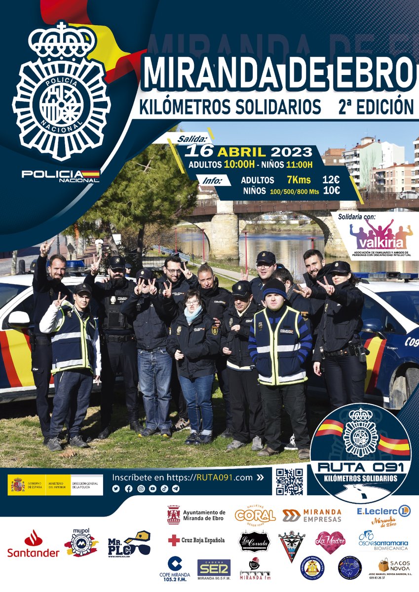 policia's tweet photo. Vente con nosotros a la #Ruta091 💙 de 📍#MirandadelEbro
📆 16 de abril
⏲ 10:00 horas
Solidaria con la Asociacion #Valkiria, que apoya a las personas con discapacidad intelectual y sus familias 💕
Inscripciones👉https://t.co/C3msmkIUot
@santander_es
@polimupol
@MrPLC091 https://t.co/73qLkrj5fZ