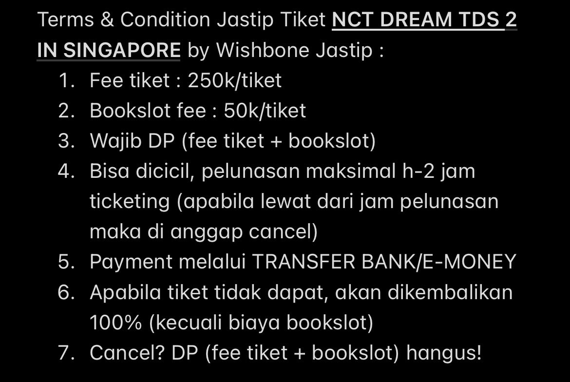 ❗️OPEN JASTIP TIKET KONSER NCT DREAM TDS 2 IN SINGAPORE❗️

 🗓️01.05.23
📍Singapore Indoor Stadium

✅Trusted 100%
✅Fee 300k/ticket
✅Pakai akun/data sendiri
✅Apabila tidak dpt refund 100%

#TDS2inSingapore #NCTDREAM_THEDREAMSHOW2_in_SINGAPORE #THEDREAMSHOW2_in_SG #jastipkonser