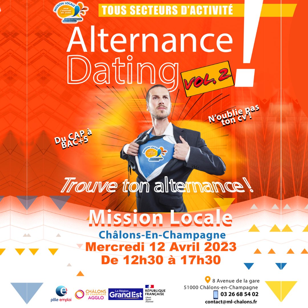 MLChalons's tweet image. ✅Trouvez votre Alternance avec la Mission Locale ! 
👉Vous souhaitez rejoindre une formation en alternance ou trouver votre futur employeur ? Contrat pro, d’apprentissage du CAP au BAC+ 5 vous aurez le choix😃!
▶ Tous les secteurs d’activités seront représentés à cet événement.