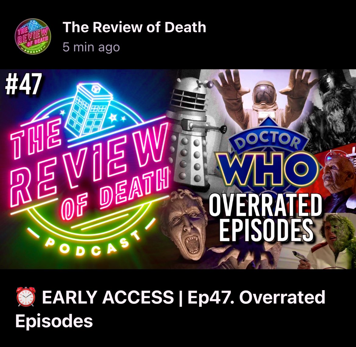 ReviewofDeath's tweet photo. Psst…Patreon #RoDers can watch this Thursday’s new episode right now! 🤫
▶️ https://t.co/nndglTgxwl
And our acclaimed in-vision commentary of #DoctorWho Live: The Afterparty is also available exclusively on Patreon. https://t.co/Whg5CIPefi