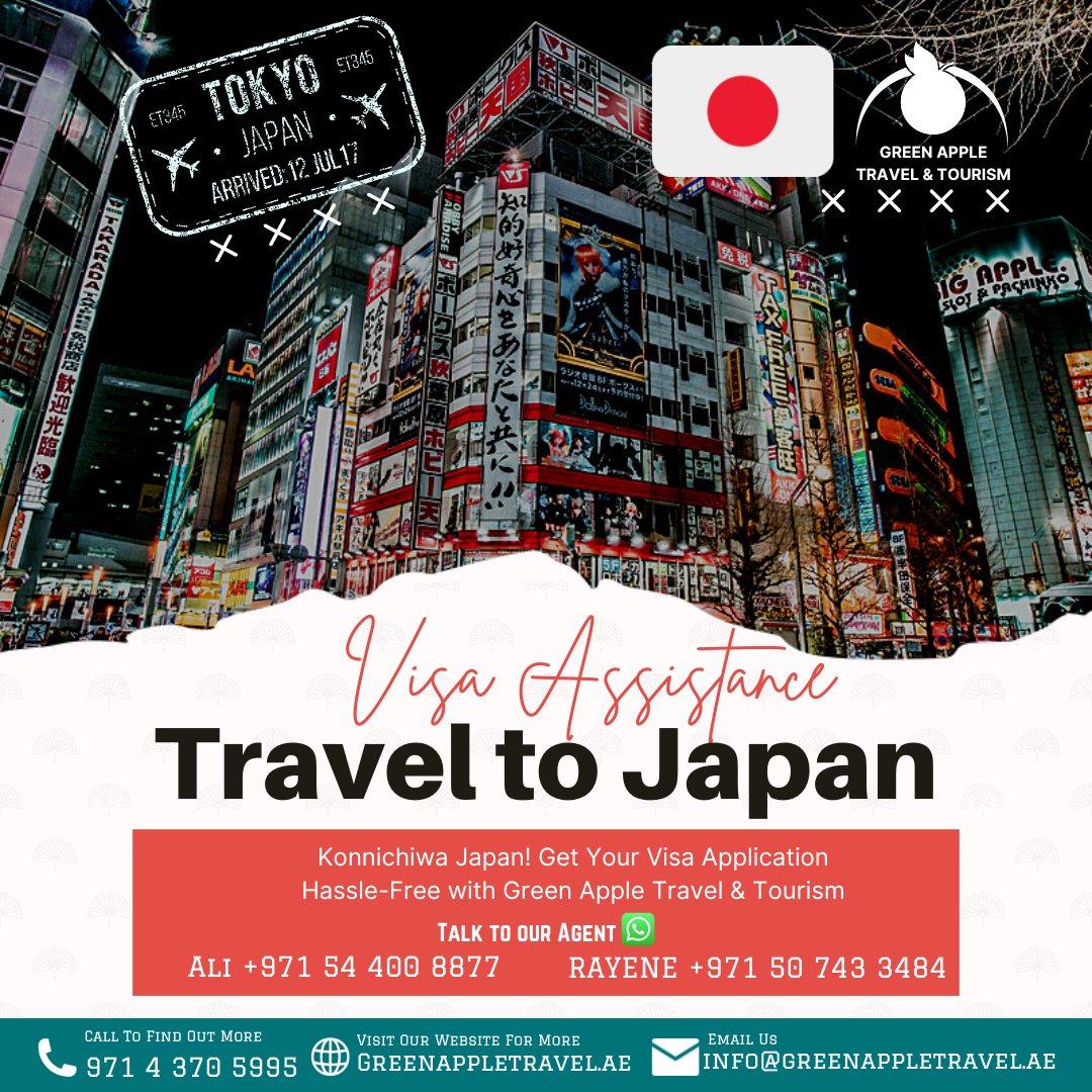 Konnichiwa Japan! Get Your Visa Application Hassle-Free with Green Apple Travel & Tourism 🇯🇵✈️🌸
☎️ +971 4 370 5995
📱 POLINA +971509222123 
 #JapanVisaApplication #TravelToJapan #CherryBlossoms #GreenAppleTravel #HassleFreeProcess #ProfessionalVisaServices #TravelExperts