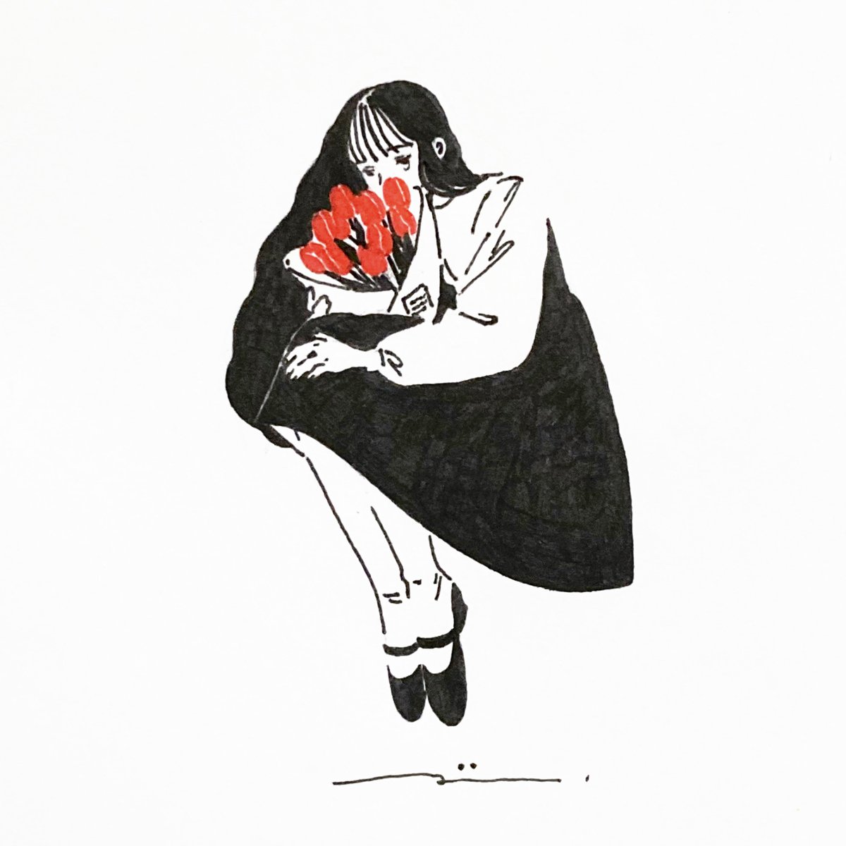 1girl solo long sleeves black footwear flower long hair black hair  illustration images