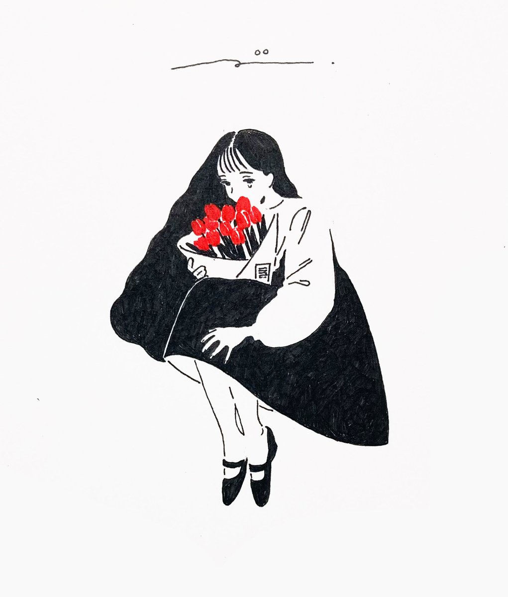 1girl solo long sleeves black footwear flower long hair black hair  illustration images