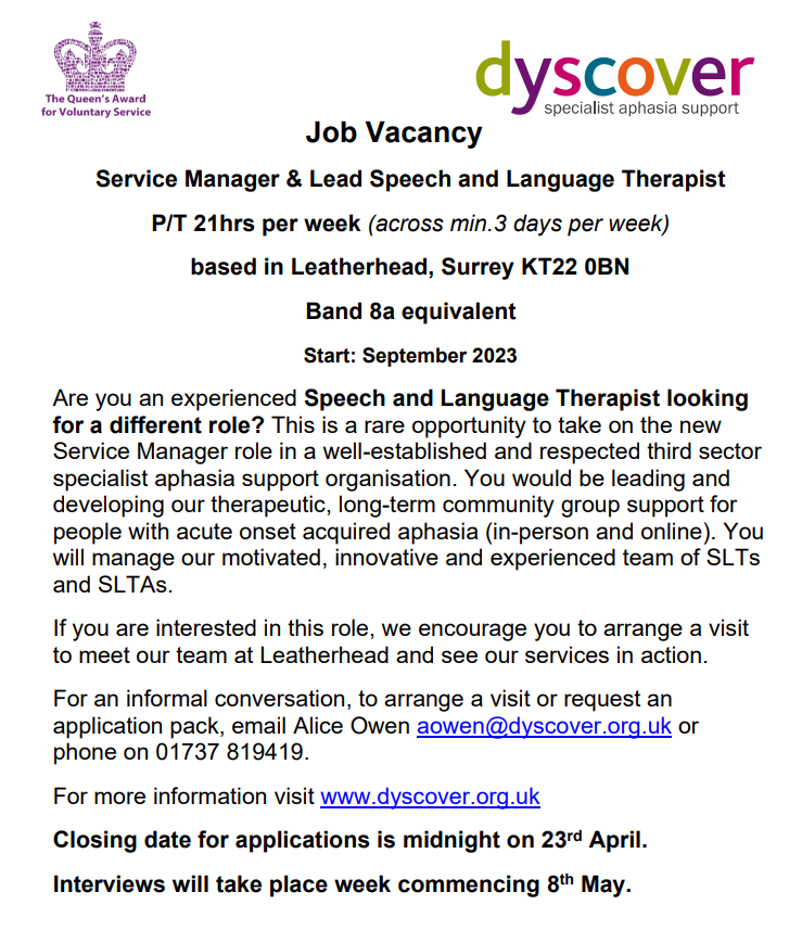 dyscoveraphasia's tweet photo. Really exciting and rare job opportunity with Dyscover (start date Sept. 23)  - apply now #SLT #aphasia #experienced #management #Southeast   Looking for lots of RT's please friends and colleagues 😀 https://t.co/ZaUGoX7ZFg
