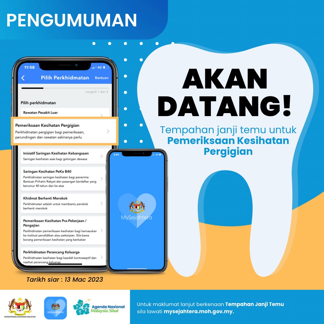 RT @my_sejahtera: Akan datang. 

Tempahan janji temu pemeriksaan kesihatan pergigian di MySejahtera.

#MySejahtera 
#GerbangKesejahteraanDigitalAnda 
#AplikasiKesihatanAwam