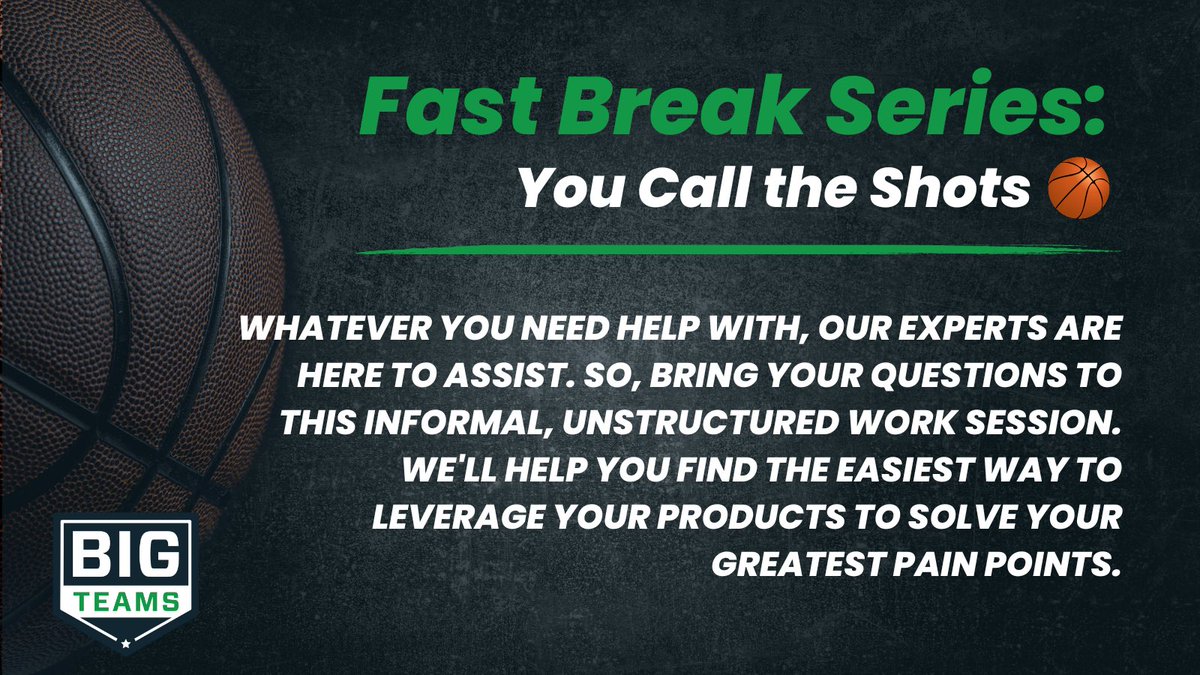 BigTeams's tweet photo. ⏰Time is ticking… sign up for a Fast Break session! We’re offering multiple topics that’ll help you check off your to-do list! ✅

Save your seat ➡️ https://t.co/JKmryLQSo2

#FastBreakSeries #BigTeams #Conferences https://t.co/GtqI78fGbh