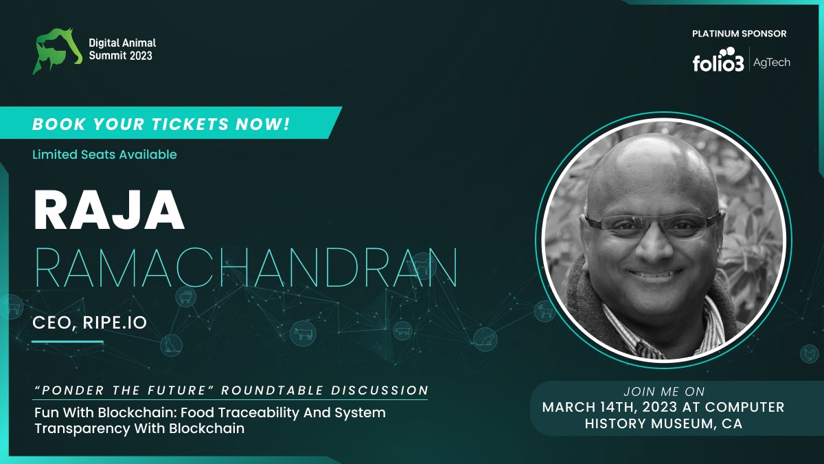 #RajaRamachandran, Founder and CEO <a href="/ripeio/">ripe.io</a> will be speaking at #DAS2023. Date: March 14th, 2023 &amp; Venue: <a href="/ComputerHistory/">Computer History Museum</a>. Today is the last day to book your ticket: bit.ly/3ldpLk3
#Ripe #AgStartup #DAS #AgTech #Farming #AgriTech #AgEntrepreneur #Traceability #Technology