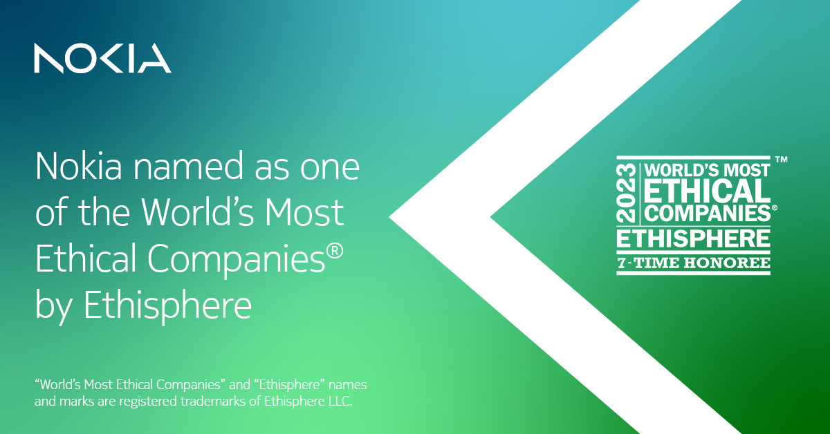 Ethics and business integrity matter. 

We are proud to be again listed as one of the #WorldsMostEthicalCompanies by <a href="/ethisphere/">Ethisphere</a>. nokia.ly/3TacPI6 

#TeamNokia #Sustainability #ESG