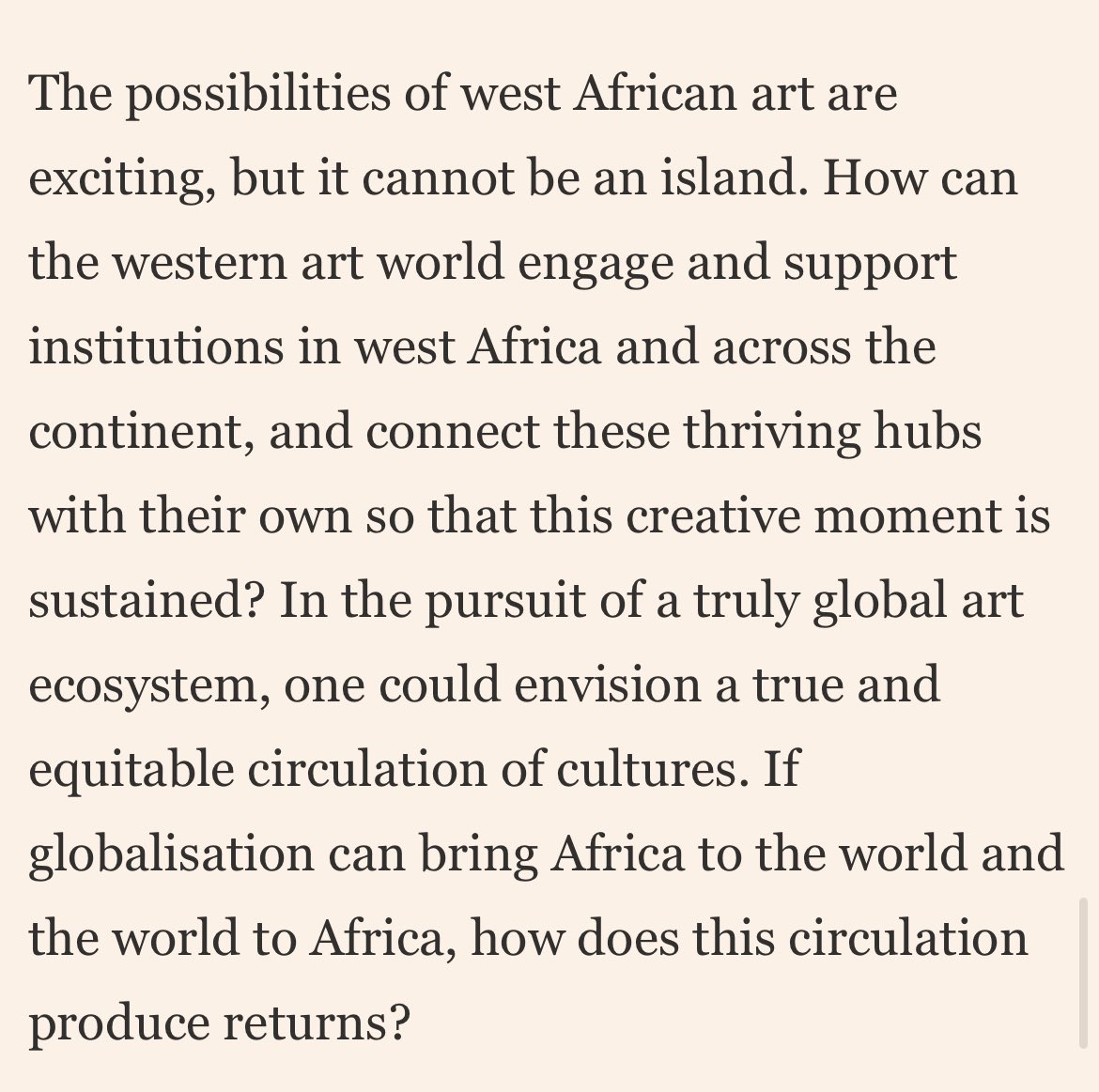 Marta Foresti (@martaforesti) on Twitter photo Because of my work with cities like Freetown, Accra, Dakar and soon Abidjan, I was especially taken by this piece by <a href="/aindrea/">Aindrea Emelife</a> on the West Africa art scene and its legacy of creativity👇
on.ft.com/3YJH7Tk
She asks some very good questions: Because of my work with cities like Freetown, Accra, Dakar and soon Abidjan, I was especially taken by this piece by <a href="/aindrea/">Aindrea Emelife</a> on the West Africa art scene and its legacy of creativity👇
on.ft.com/3YJH7Tk
She asks some very good questions: