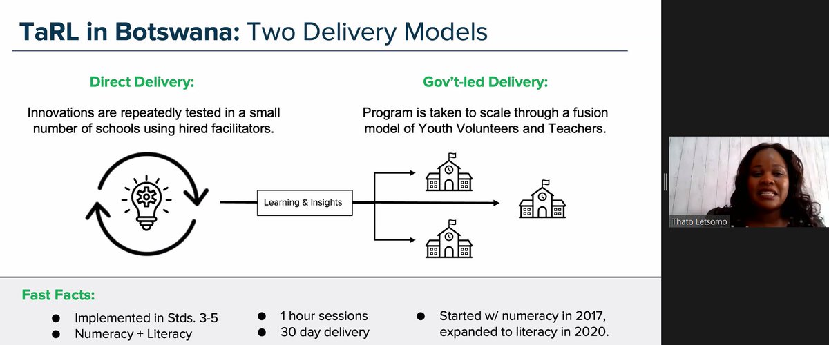 Better_Purpose's tweet image. There are two delivery models for Teaching at the Right Level #TaRL in #Botswana. @TLetsomo from @youthimpactorg goes through the equal effects of direct vs government delivery. @gatesfoundation @RTI_INTL_DEV #Remediation