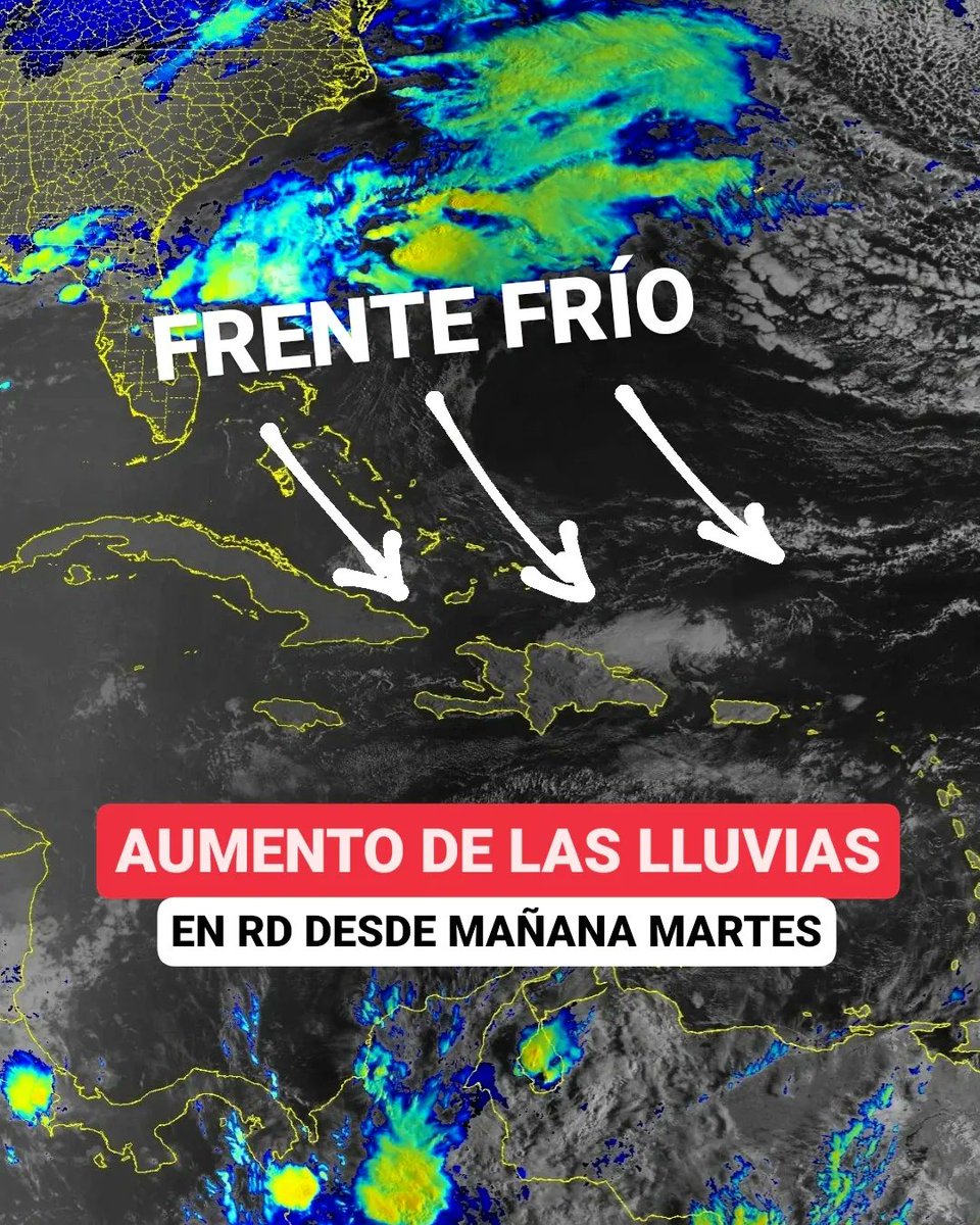 JeanSuriel's tweet photo. 🔴ATENTOS🔴
Un período lluvioso de tres días podría establecerse en República Dominicana desde mañana martes por la incidencia de una vaguada y un sistema frontal, con su presencia hasta el jueves en la noche en el país.

🔴El día más lluvioso podría ser el jueves.

Sigue ⬇️ https://t.co/oBDvysQaHz