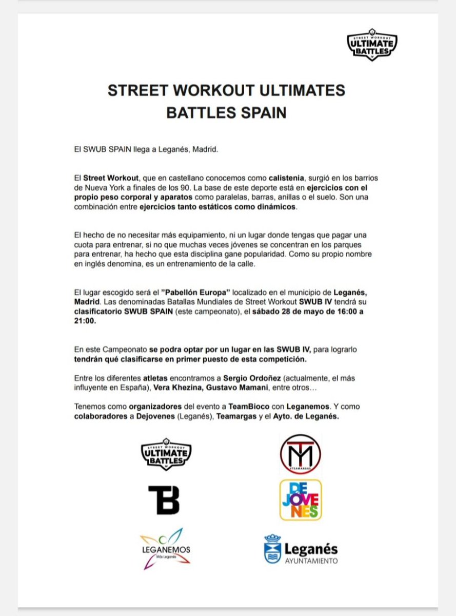 leganemos's tweet photo. Apoyamos el #StreetWorkout Ultimates Battles Spain, donde se optaba por un lugar en las #SWUB IV (3/5) https://t.co/5GEZR2fZCA