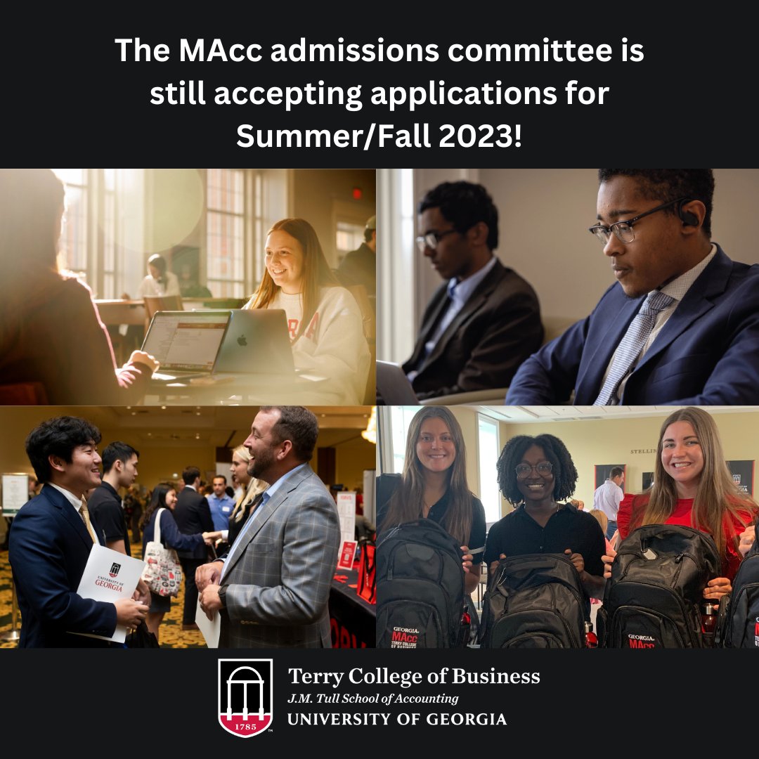 The MAcc admissions committee is still accepting applications for Summer/Fall 2023! Applications will be considered as space allows. Submit your application today! Email ugamacc@uga.edu with your admissions questions!
